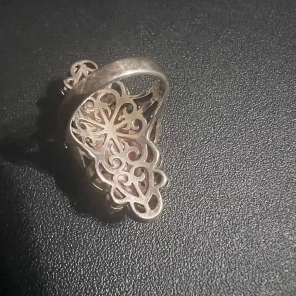 Sterling Silver Openwork Marcasite Shield and Mother of Pearl Cocoon Ring SZ 6